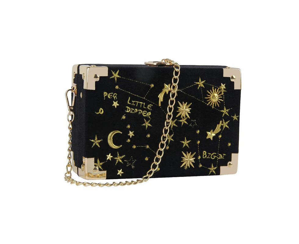 Tenpell Women Velvet Box Shape Evening Handbag Party Embroidery Star Moon Clutch Bag-Black