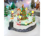 Animated Christmas Village Snowy Skating Rink Rotating Skaters Colorful LED Music