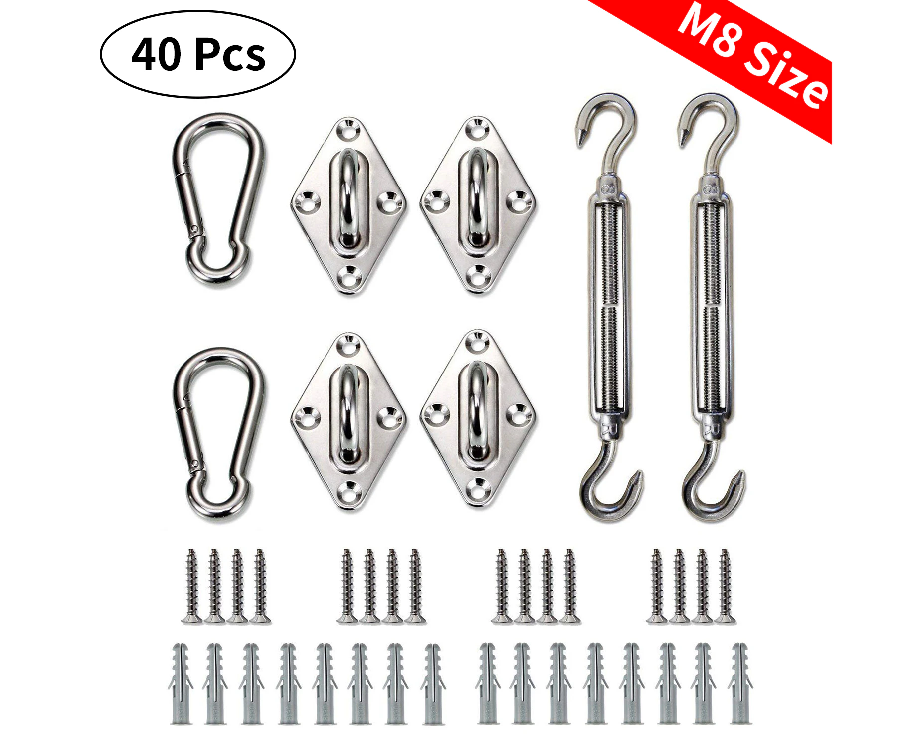 QOZY Shade Sail Hardware Kit, Sun Shade Installation Set, Marine Grade 316 Stainless Steel M8 Extra Heavy Duty 8 Inch for Shade, 40 Pcs Set