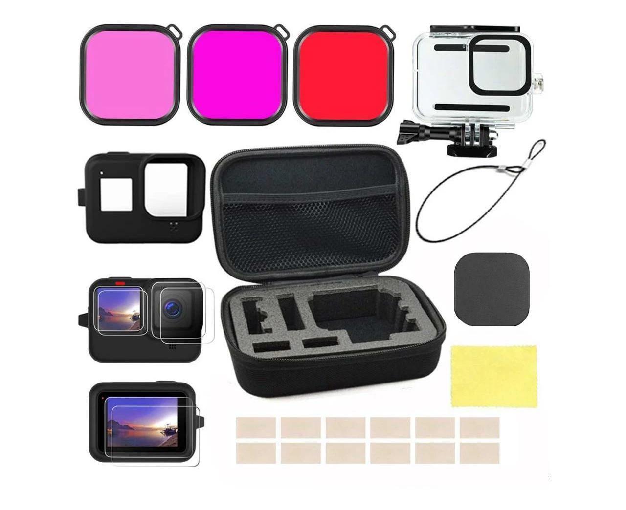 Accessories Kit for GoPro Hero 12 / Hero 11 / Hero 10 / Hero 9 Black with Case + Screen Protector + Silicone Cover + Lens Filters + Anti-Fog Inserts