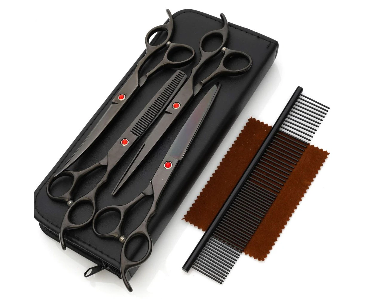 7.0in Titanium Black Professional Pet Grooming Scissors Set,Straight & Thinning & Curved Scissors 6pcs Set for Dog Grooming,(Black)