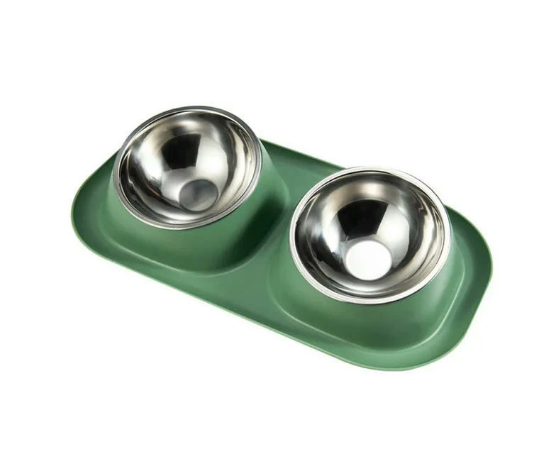 Stainless Steel Double Cat Dog Bowl Cat Food Container Non-slip Base Pet Water Feeder Tilt Safeguard Neck Puppy Cats Bowls-Green