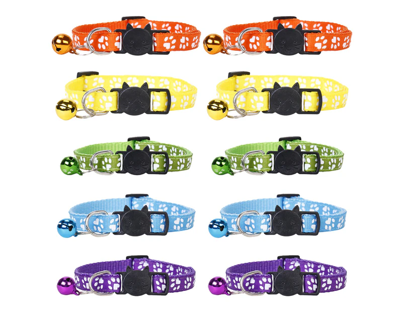 Colorful Cat Collars, Soft Nylon Kitten Collars, Adjustable Safety, with Footprint Design and Bell - Set of 10 ST-4