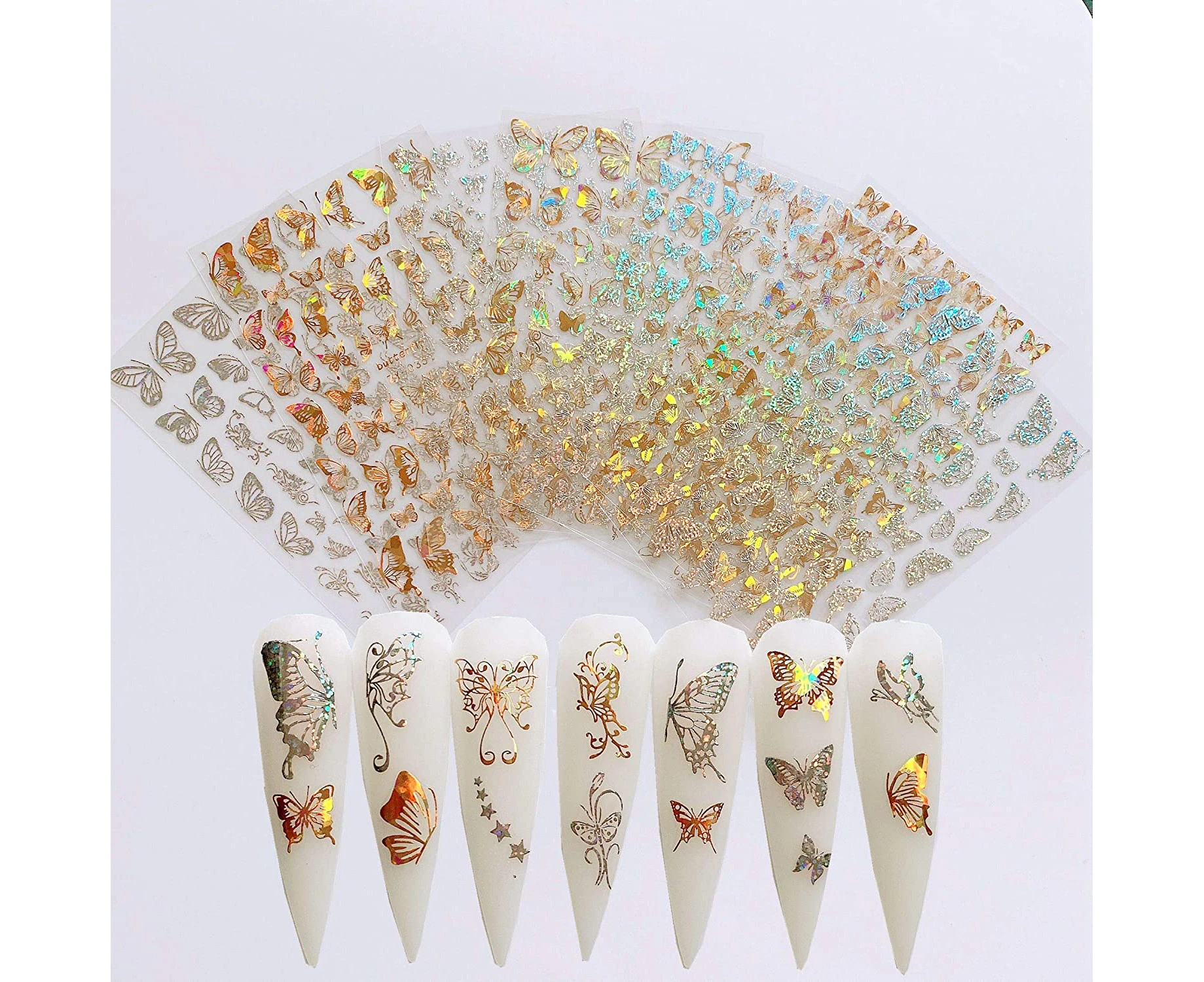 8Sheets Nail Art Adhesive Sticker Sheets Different Laser Gold and Silver Color Butterfly Shapes Nail Art Decoration