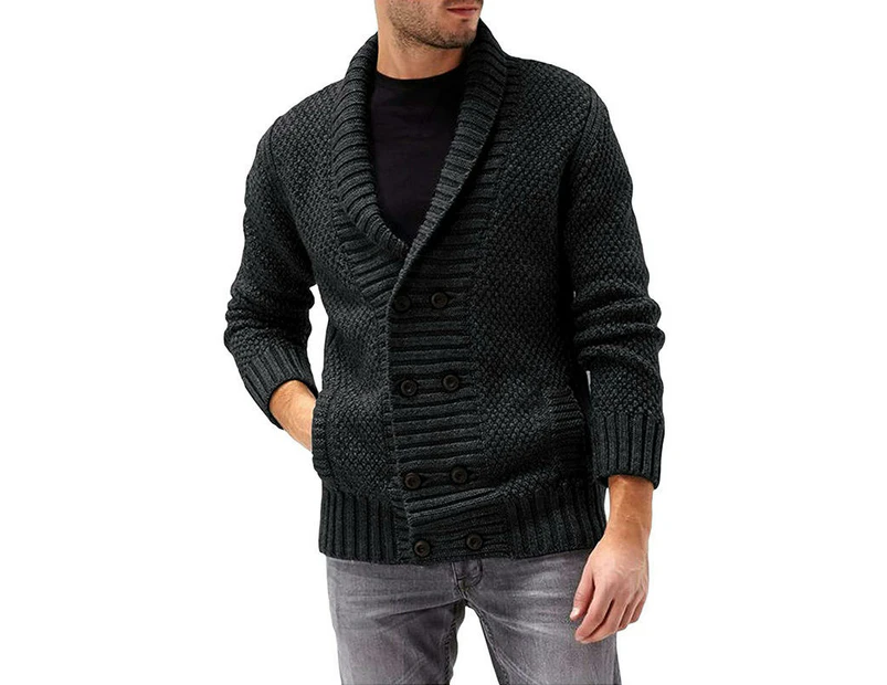 Mens Knitted Cardigan Thick Sweater Double Row Buttons Closure Jumper Autumn Winter Overcoat-black