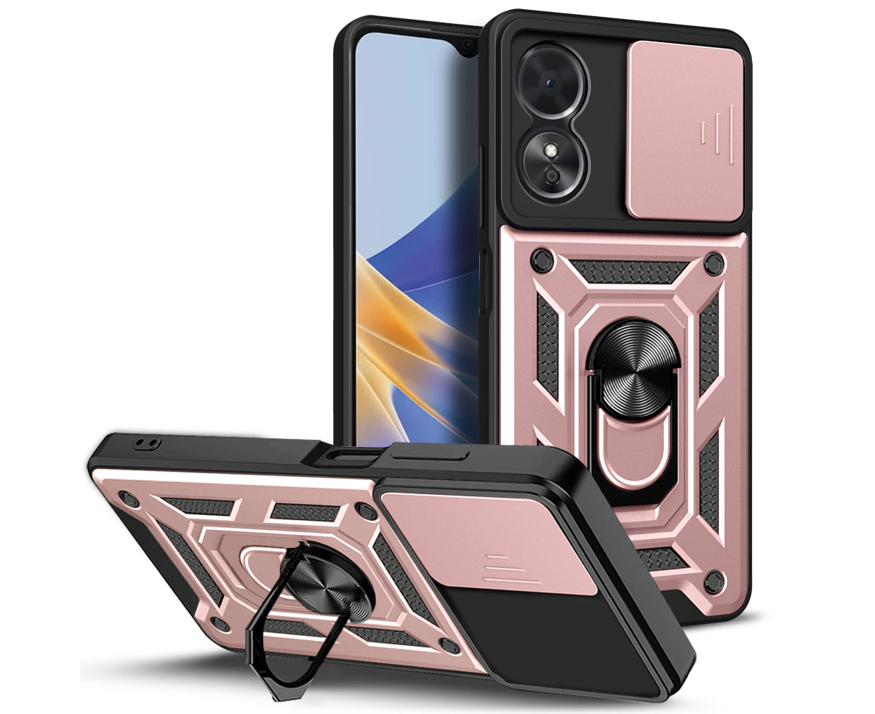 For New Oppo Reno11 F 5G CamShield Lens Protection Ring Case Kickstand Cover - Rose Gold