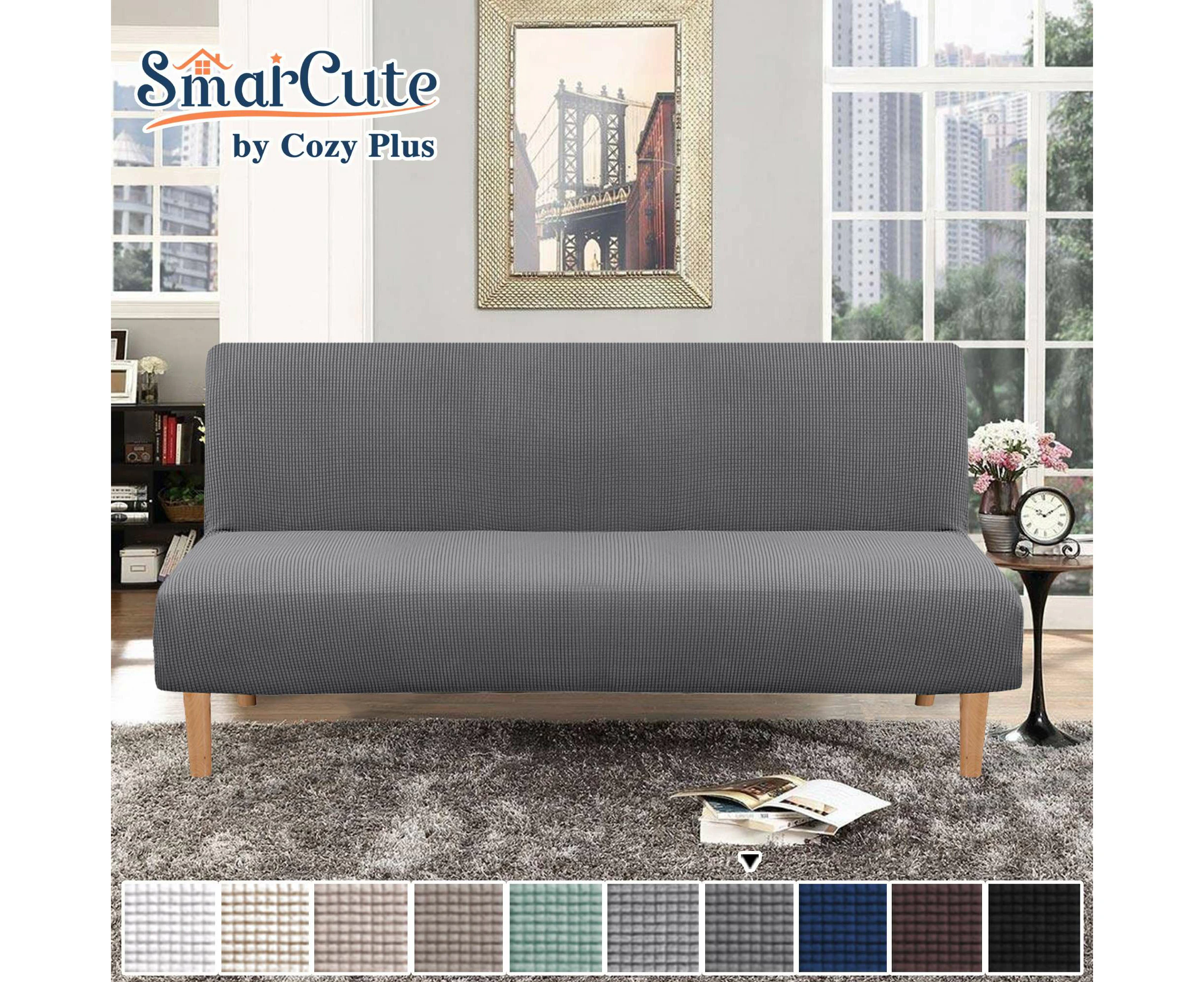 Smarcute Armless Futon Cover Stretch Sofa Bed Slipcover Protector Rich Textured High Spandex Small Checks Jacquard Fabric, Gray