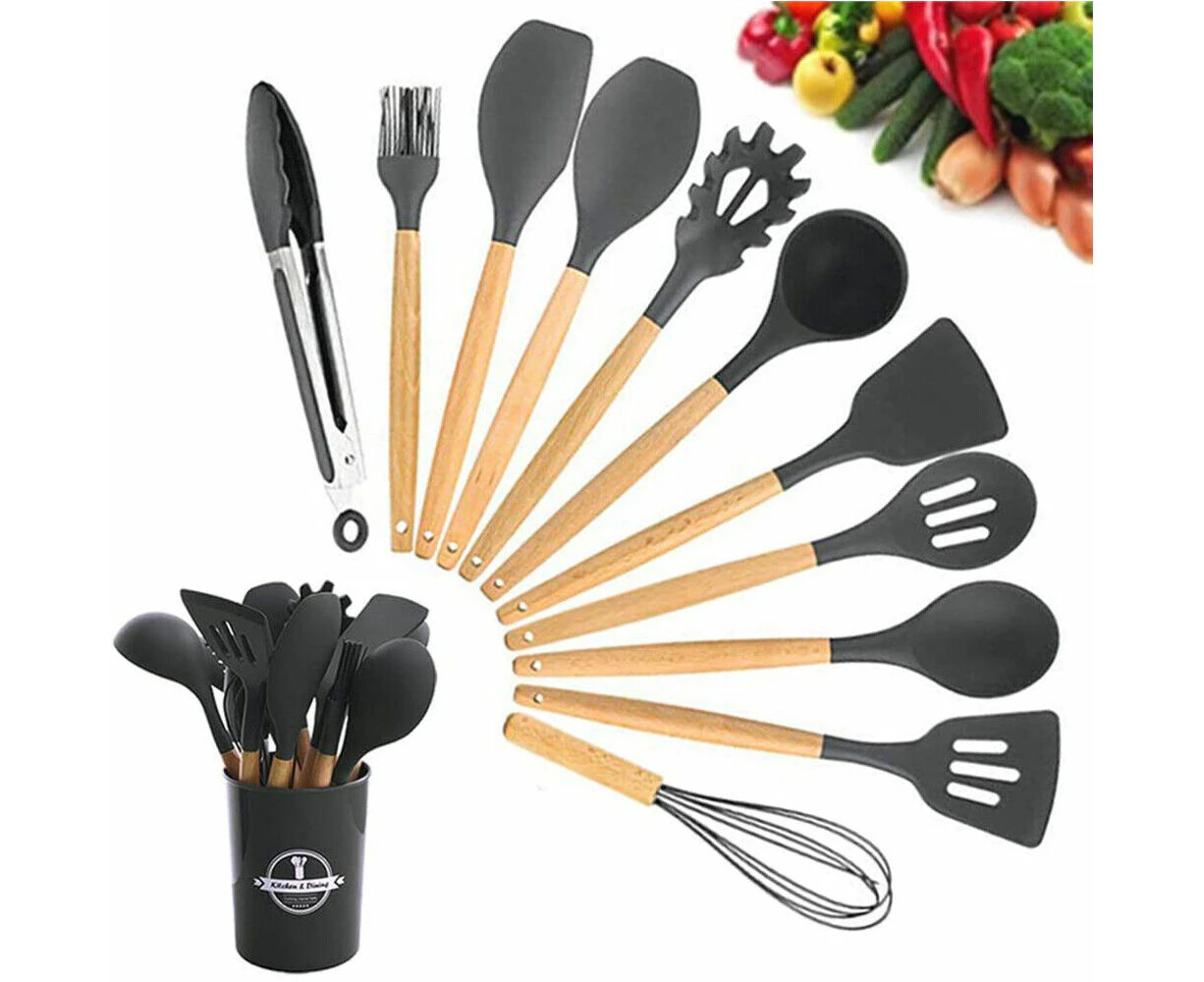 12Pcs Silicone Utensils Cooking Kitchen Set Wooden Baking Cookware Black