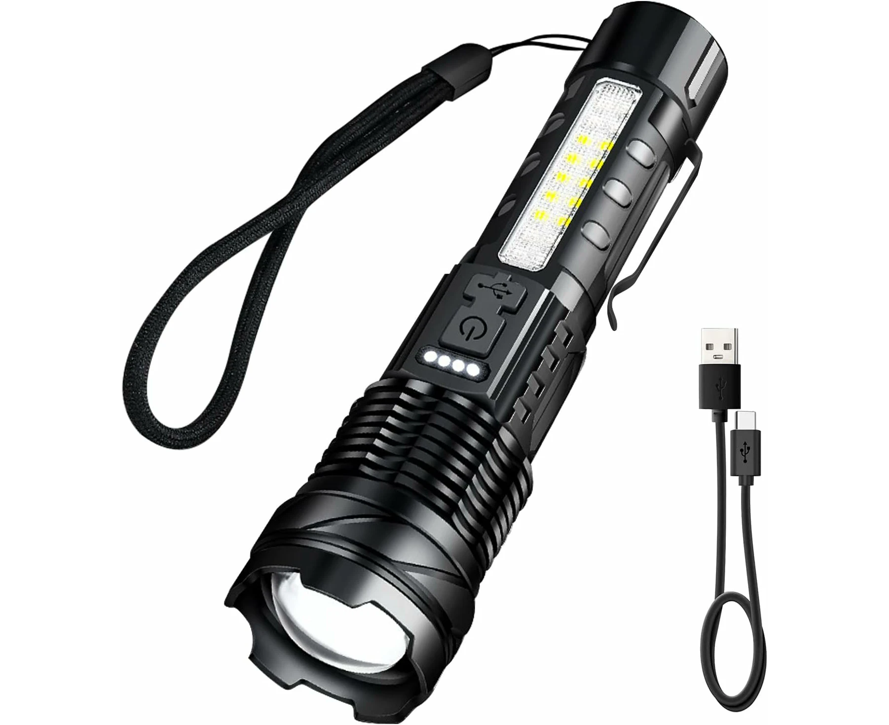 Ultra Powerful 2600LM LED Torch - Rechargeable 7 Modes USB-C Battery Operated Flashlights with Red Blue Side Light, Clip, Indicator