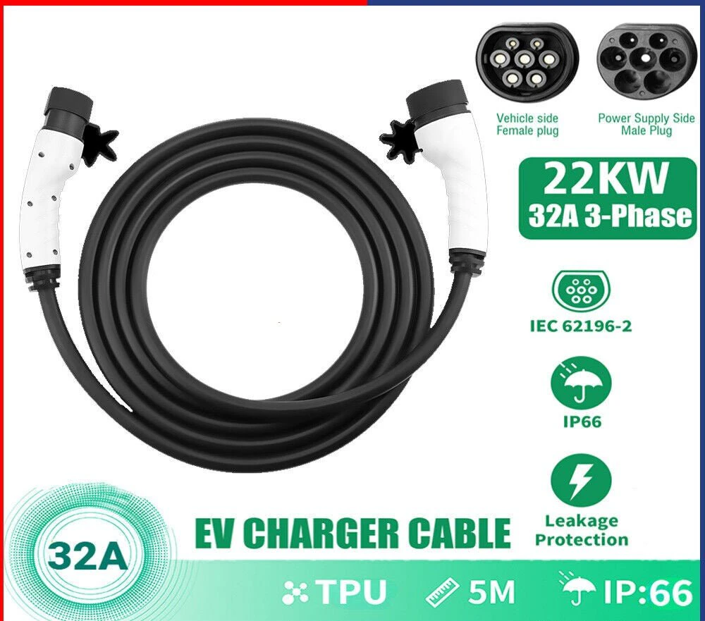 32A/3Phase 22kW 5Meter EV Power Type 2 to Type 2 Charging Cable with Storage Bag