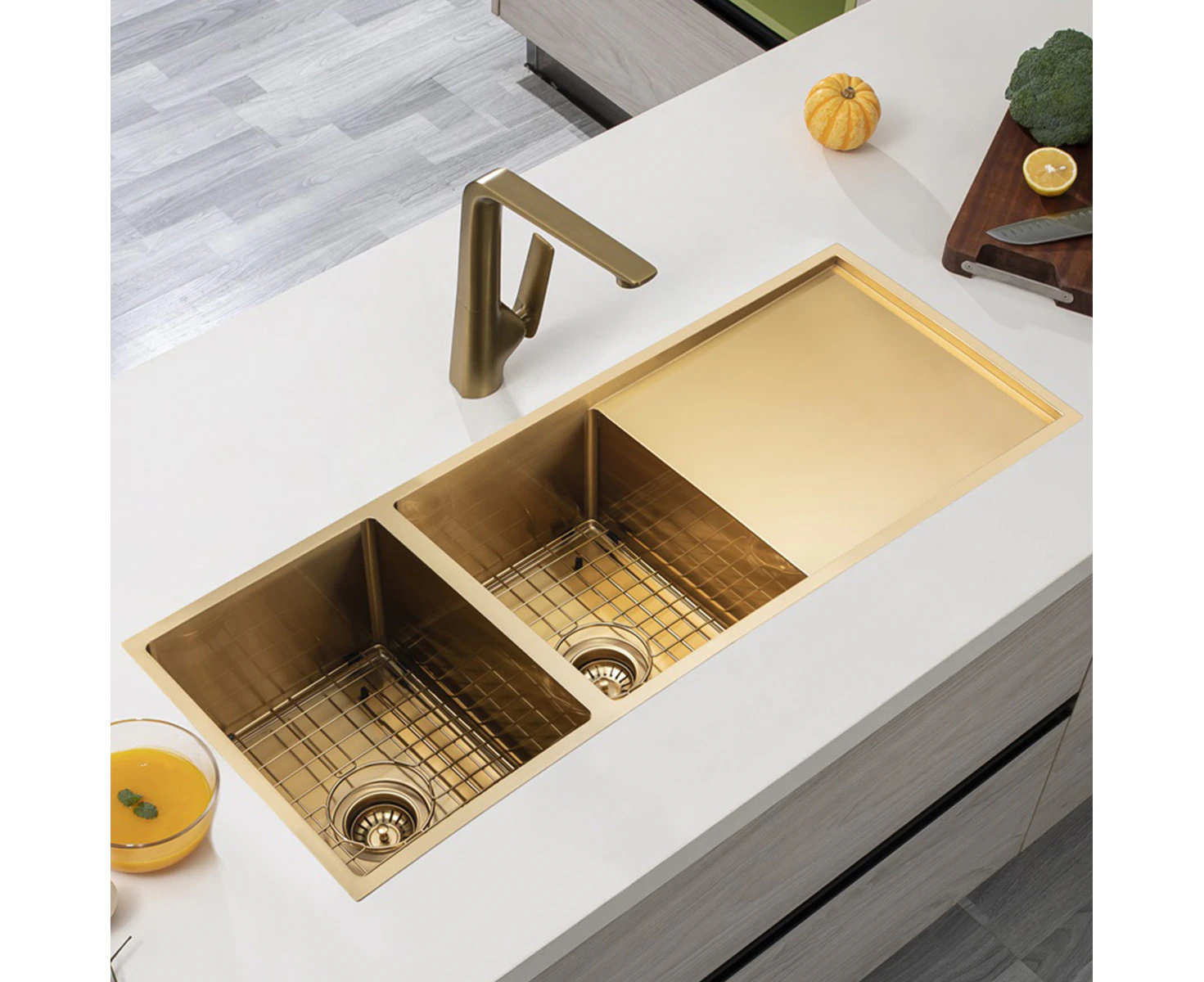 Brushed Gold 1160x460x230mm Double Bowls Kitchen Sink Bar Handmade Stainless Steel Laundry Sink Top/Flush/Under Mounted