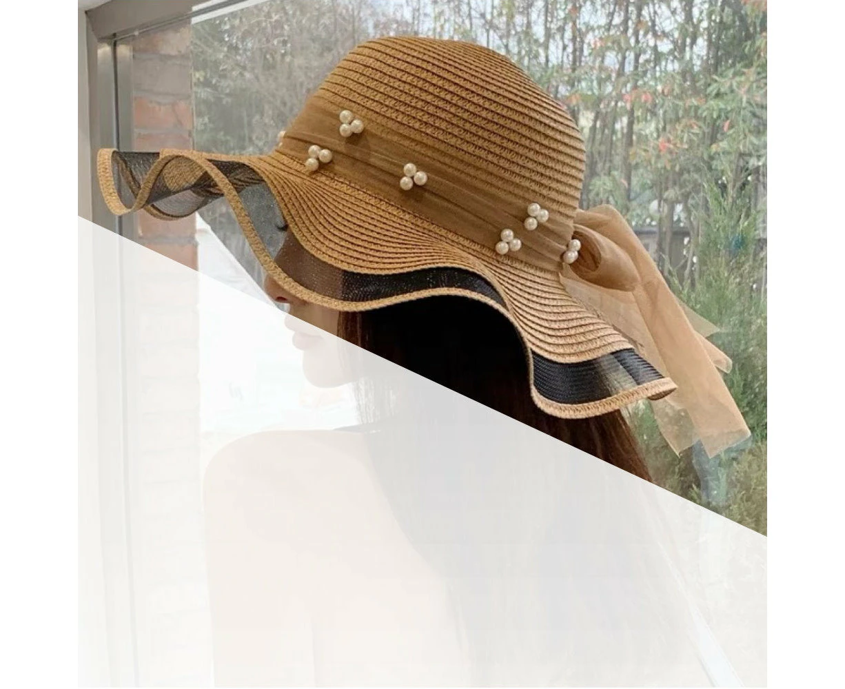 Rosy Lane Fashion Summer Hat with Bow Ribbon - Tan & Pearls