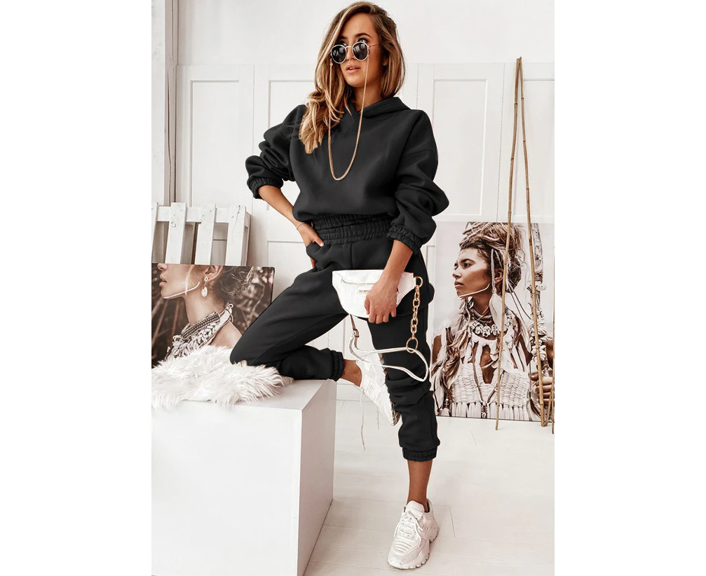 Women's 2 Piece Outfits Long Sleeve Hoodie Sweatshirts and Long Pant Tracksuits-Black