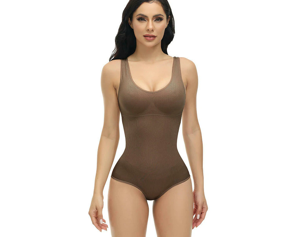 Bodysuits for Women Shapewear Tummy Control Body Suit Seamless Sculpting Shaping Body Shaper Tank Top-Dark coffee color