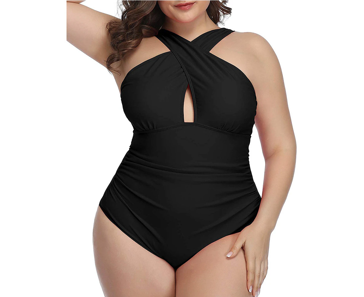 Womens Front Cross Plus Size One Piece Swimsuits Tummy Control Keyhole Bathing Suits Swimwear - Black