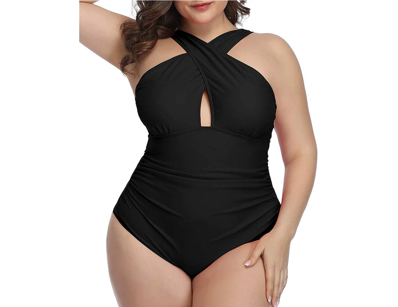 Womens Front Cross Plus Size One Piece Swimsuits Tummy Control Keyhole Bathing Suits Swimwear - Black