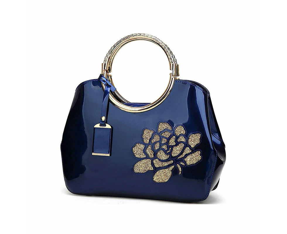 Tenpell Women Handbag Leather Flower Pattern Satchel Charm Glossy Metal Grip Shoulder Bag-DarkBlue