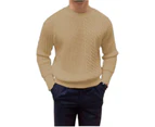 Men's Cable Knit Sweater Casual Crewneck Long-Sleeve Fisherman Pullover-Khaki color