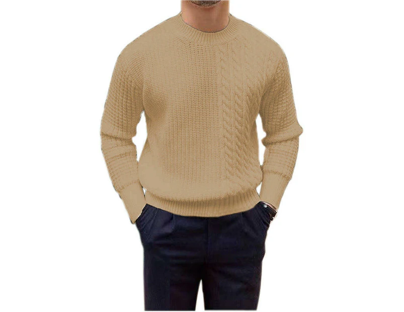 Men's Cable Knit Sweater Casual Crewneck Long-Sleeve Fisherman Pullover-Khaki color