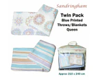 Sandringham Twin Pack Multi Colour Floral/Striped Polar Fleece Throw/Blanket 210 x 240 cm