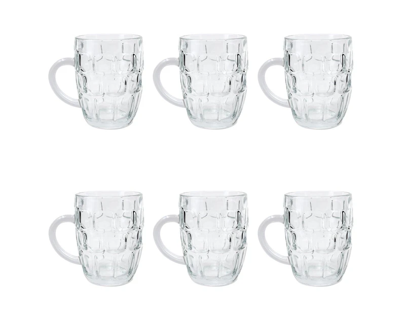 6 x Beer Mug 560ml JUG Glass Glasses W Handle Dimple Print Party Bar Drink