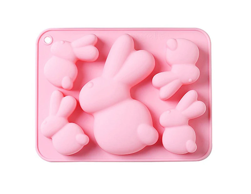 5 Cavities Cake Mold Food Grade Non Sticky Flexible Easter Bunny Shape Chocolate Cookie Fondant Silicone Mold for Bakery-Pink