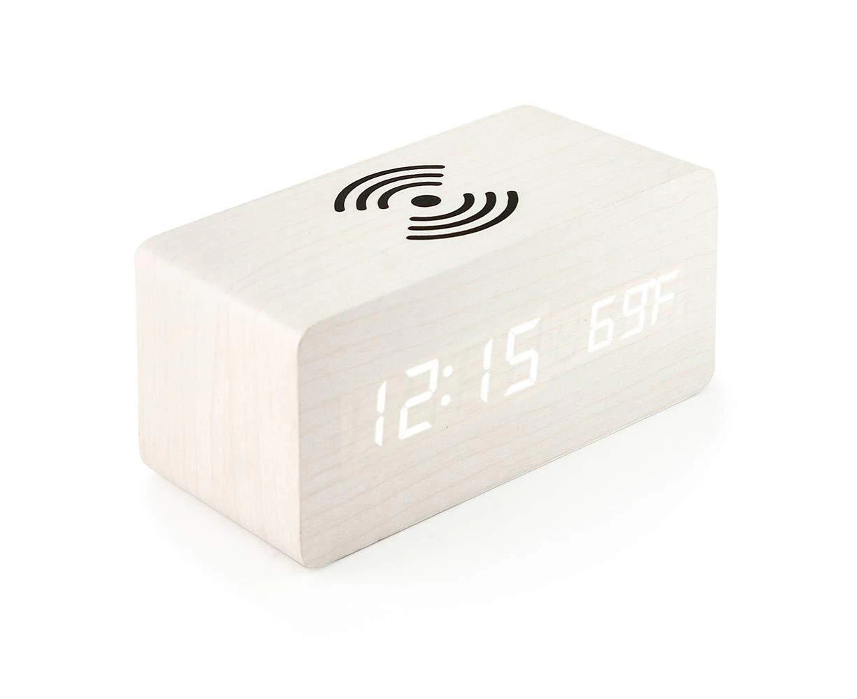 Wooden Digital Alarm Clock with Wireless Charging, 3 Alarms LED Display, Sound Control and Snooze Dual for Bedroom, Bedside, Office White wood