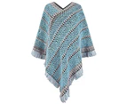 puluofuh V Neck Ethnic Style Pullover Thick Knitted Cape Bohemia Striped Print Tassel Loose Cloak Coat Female Clothing-Blue One Size
