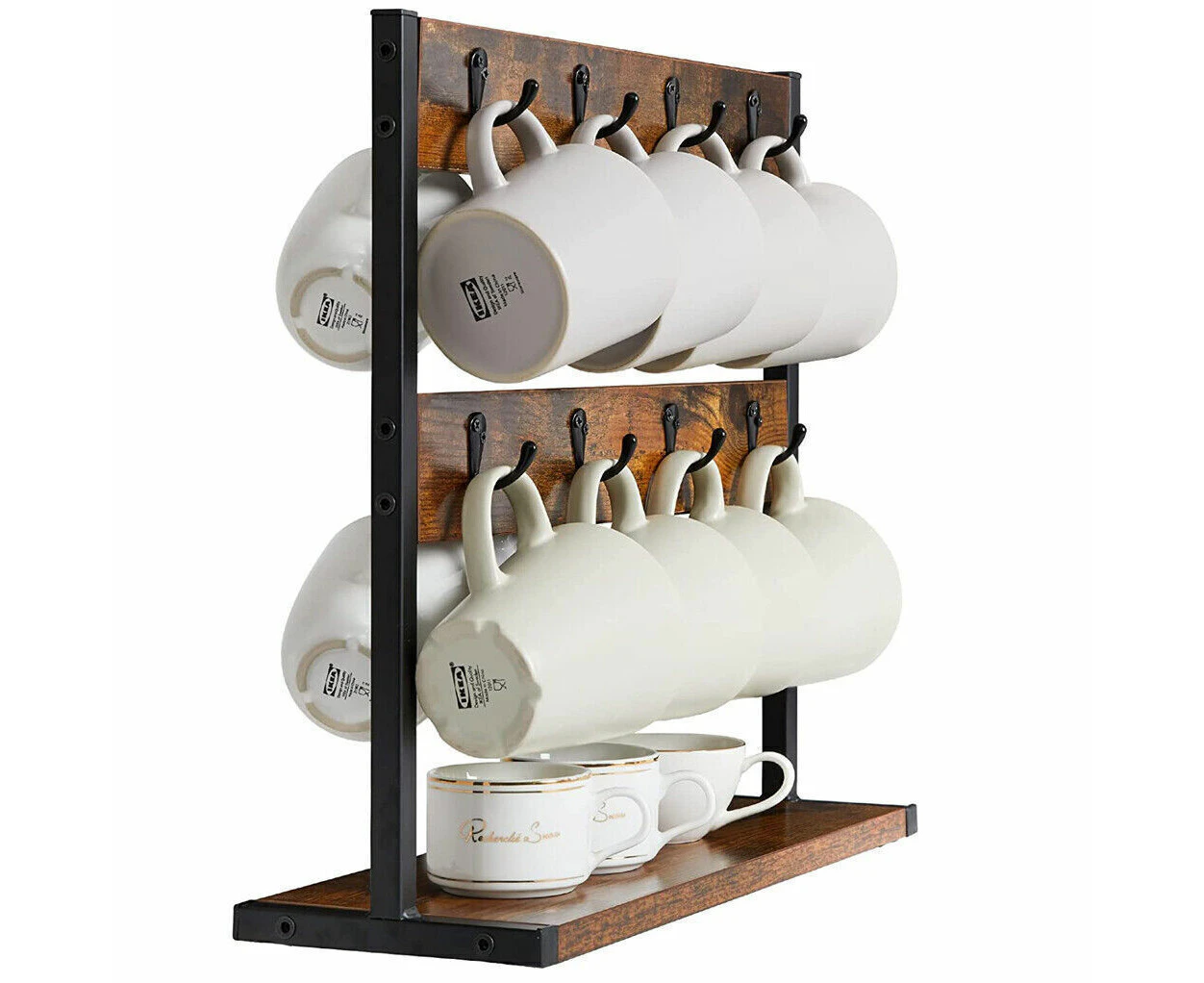 2-Tier Coffee Mug Holder Stand Wood &Metal Tabletop Coffee Cup Storage Tree Base