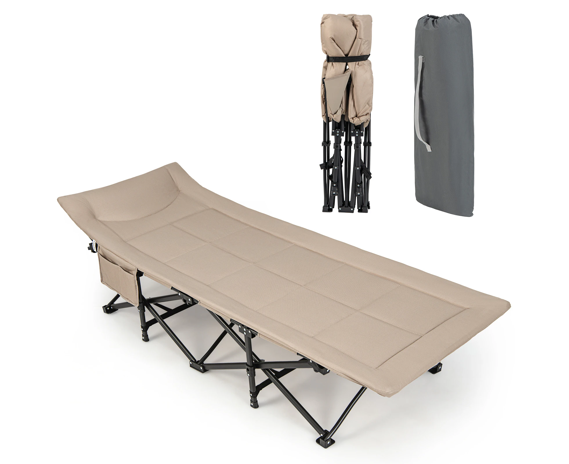 Folding Camping Cot Portable Tent Sleeping Bed with Cushion Headrest Carry Bag Khaki