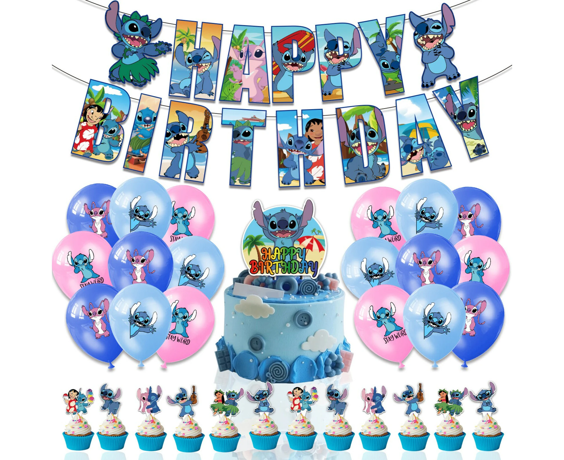 Stitch Theme Party Decorting Set | Birthday Banner | Cake Cupcake Toppers | Latex Balloons | Kids  Cartoon Theme Birthday Party Decorations