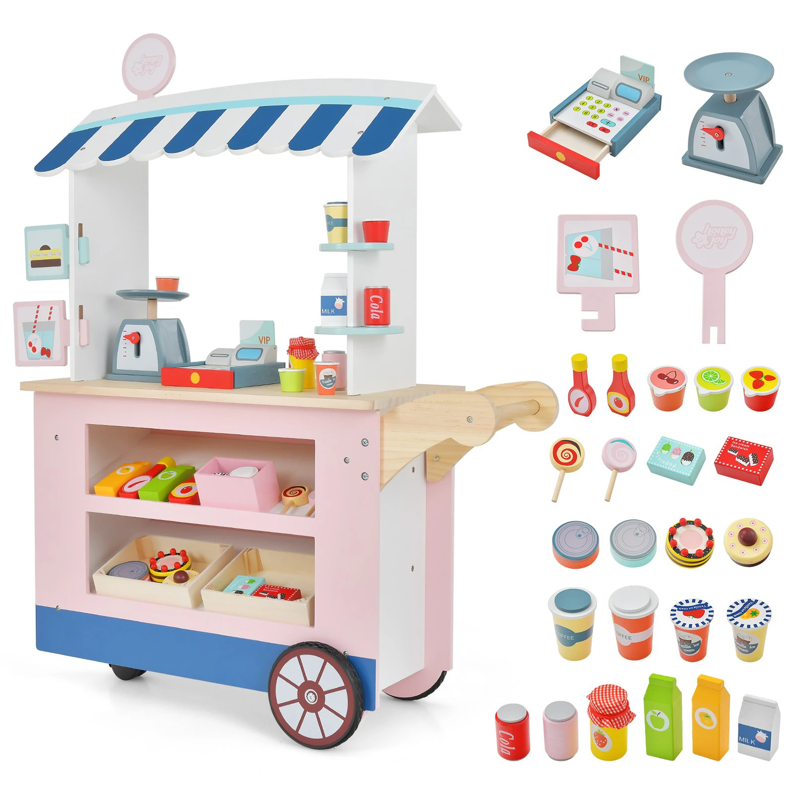 Costway Pretend Food Cart ren Dessert Trolley Wood Play Stand w/POS Machine & Scale Birthday Gift