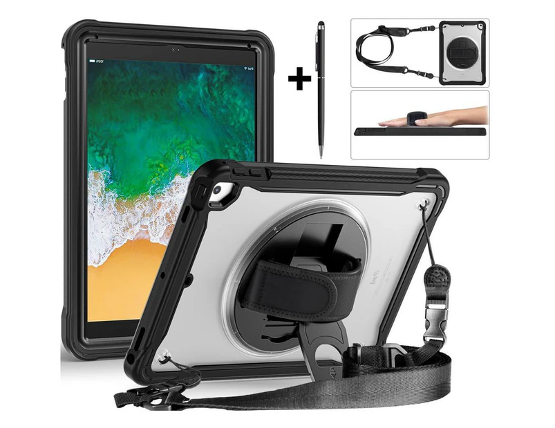 Case For iPad 9th 8th 7th Generation 10.2 inch 2021 2020 2019 Shcokproof Cover with Pencil Holder, Stand, Shoulder Strap, Stylus Pen, Black