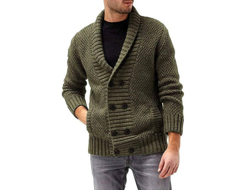 Mens Knitted Cardigan Thick Sweater Double Row Buttons Closure Jumper Autumn Winter Overcoat-Military Green