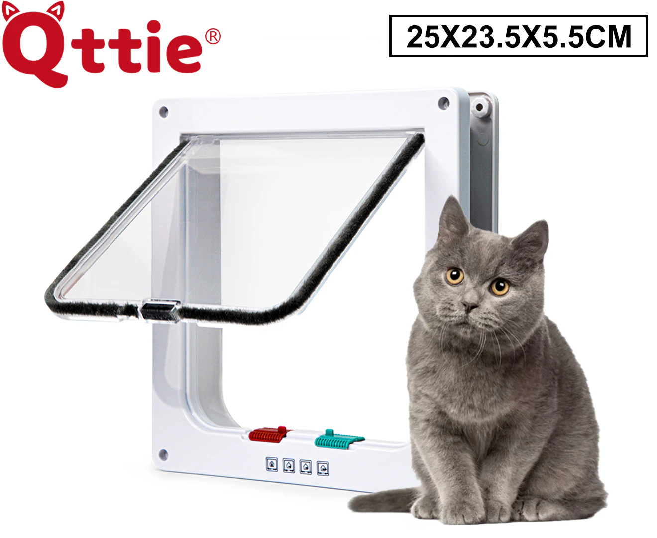 Qttie 4-Way Safe Lockable Cat Pet Dog Door Brushy Flap Scalable Screen Locking - White Large