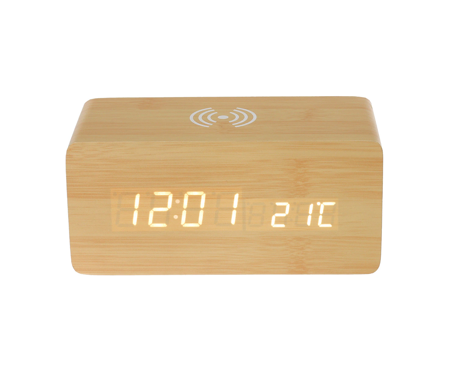 Electric LED Alarm Clock with Phone Wireless Charger -Wooden Color