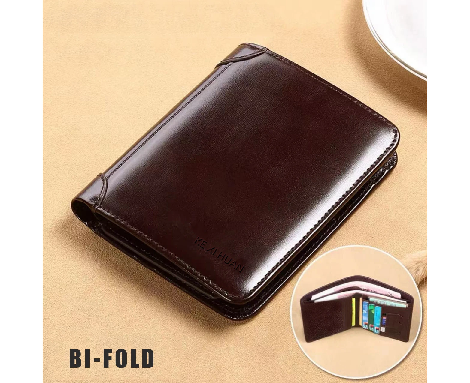 Men's Wallets RFID Blocking Genuine Leather Trifold Business Short Purse Wallet for Men with ID Window and Credit Card Holder—Brown