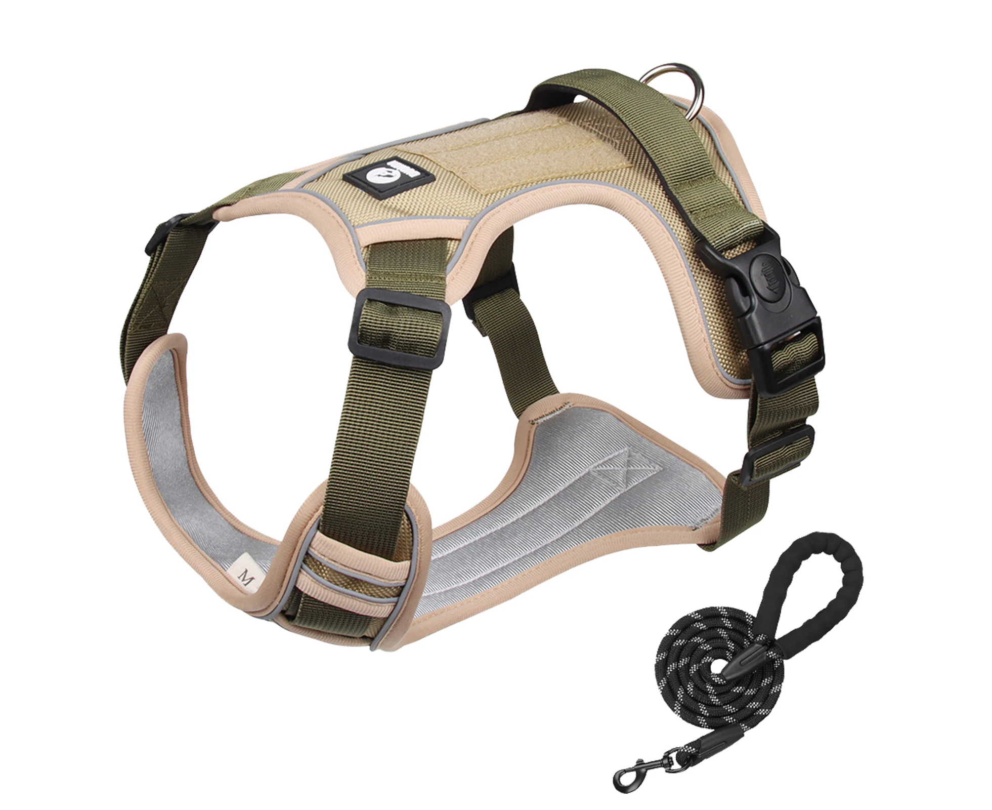 Furbulous Tactical Dog Harness Adjustable No Pull Pet Harness Reflective Working Training Dog Harness with 1.5m Lead - Khaki Large