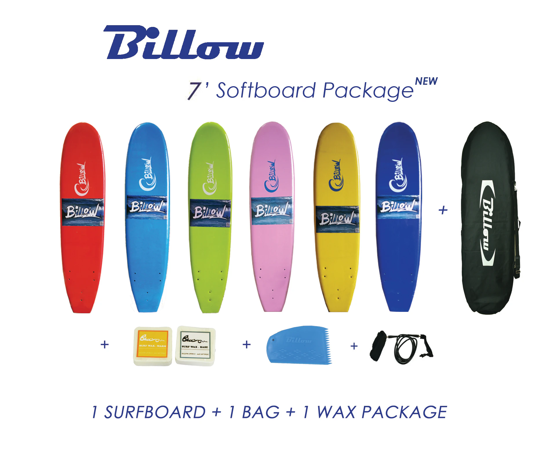 Billow 7ft Yellow Soft Surfboard Package Deal, Soft Board + Bag + Wax + Fins