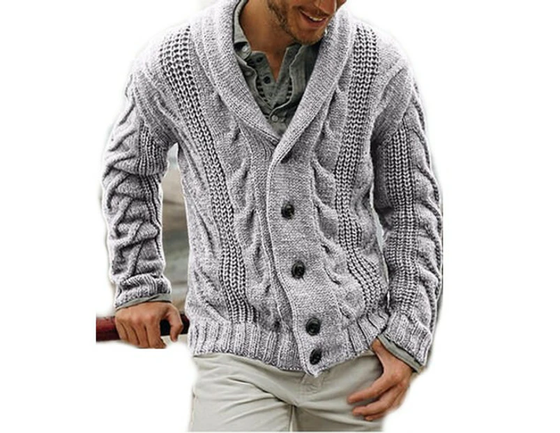 Men's Shawl Collar Cardigan Sweater Slim Fit Button Down Cable Knitted Sweater -Light gray