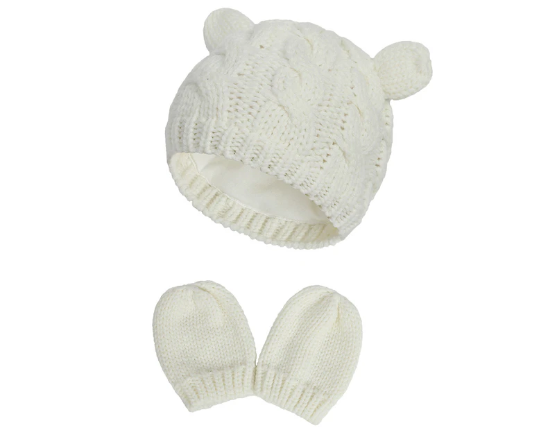 Newborn Winter Beanie Hat Gloves Set For Baby Girls Boys,White