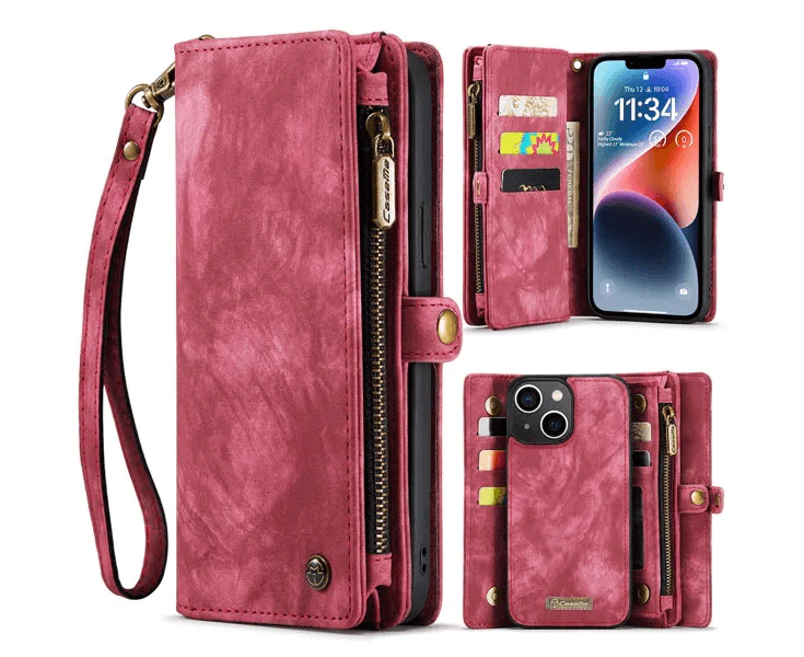 CaseMe For Apple iPhone 15 Zipper & Detachable Retro Leather Pouch Wallet Flip Purse Bag Detachable Phone Case Cover (Red)