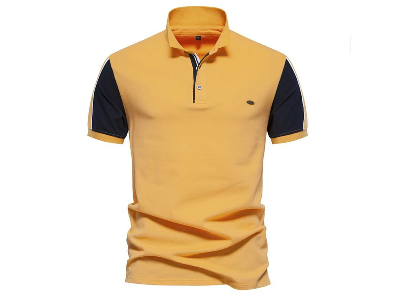 Mens Cotton Polo Shirts Casual Henley Shirts Regular Fitted Printed Tee Tops Work Shirts for Men-Yellow