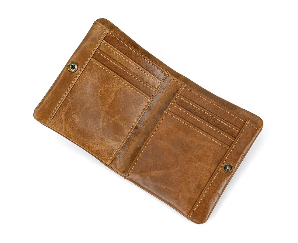 Leather Short Wallet Men Vintage Coin Purse Men Card Holder With Multiple Card Slots Genuine Leather Women Wallet Cash Pack Male—Brown