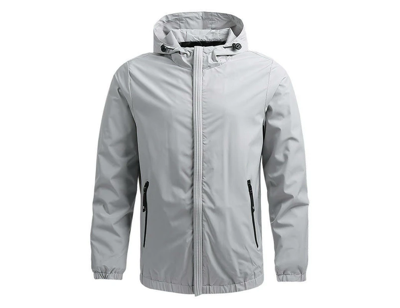 Men's Lightweight Zip Waterproof Windbreaker Jacket Hooded Jacket-Light gray