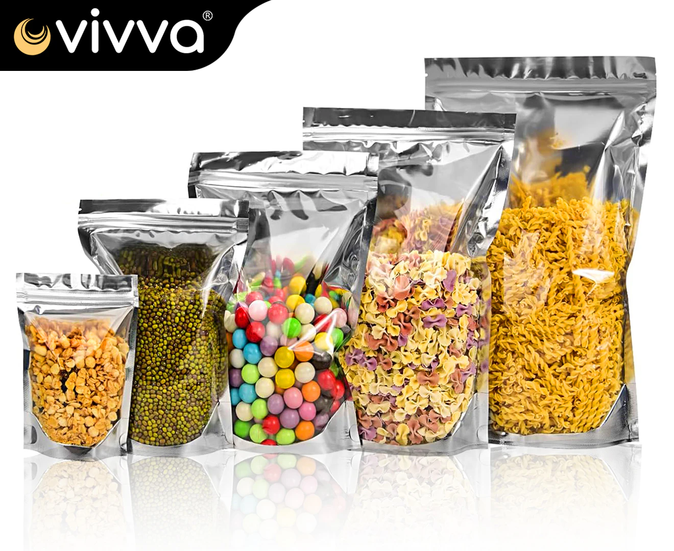 Vivva 50pcs Aluminum Foil Mylar Food Packaging Zip Seal Bags Stand Up Pouches Bags - 5 Sizes