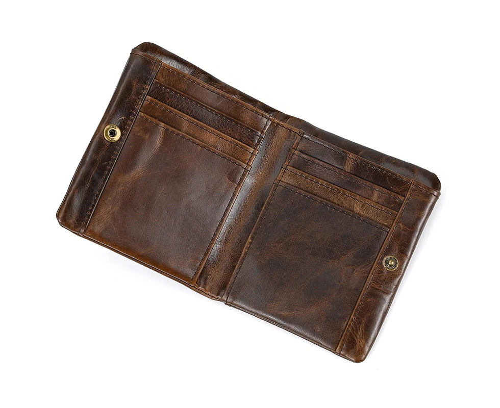 Leather Short Wallet Men Vintage Coin Purse Men Card Holder With Multiple Card Slots Genuine Leather Women Wallet Cash Pack Male—Brown