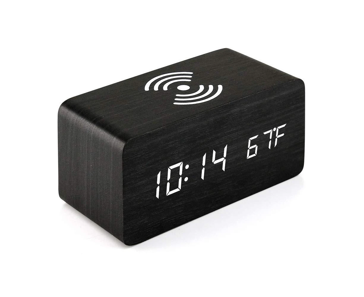 Wooden Digital Alarm Clock with Wireless Charging, 3 Alarms LED Display, Sound Control and Snooze Dual for Bedroom, Bedside, Office Ebony