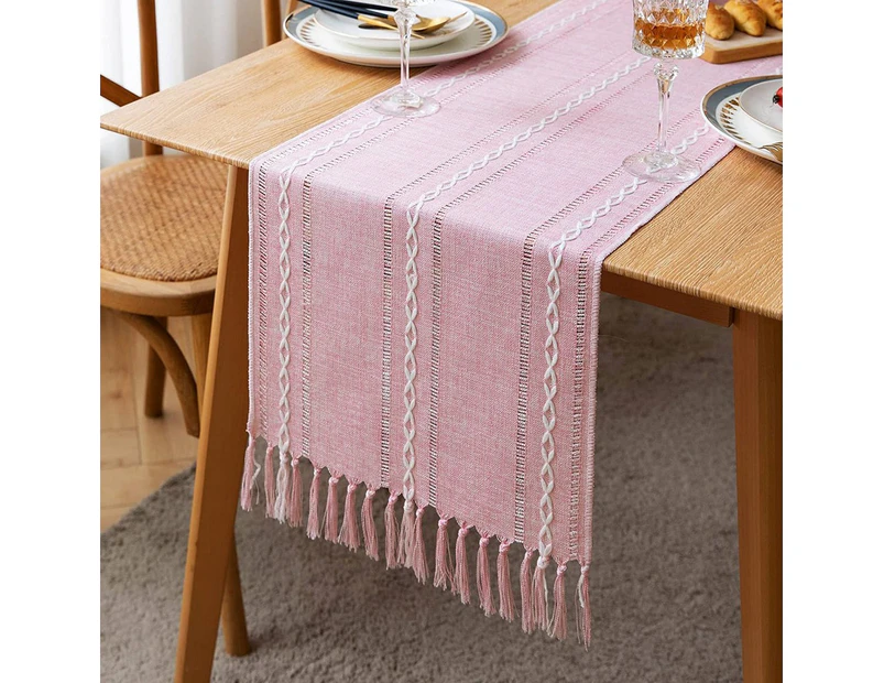 Farmhouse Table Runner Rustic Linen Boho Table Runner - Pink