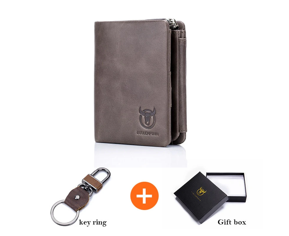 BULLCAPTAIN Brand Leather RFID Retro Wallet Men's Small Zipper Wallet Card Bag Men's Wallet Clutch—Grey